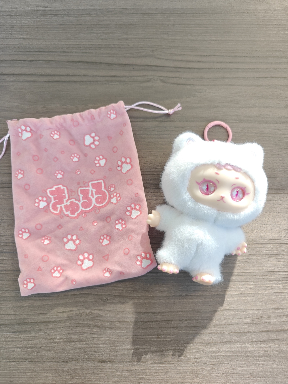 Plush White Cat Keychain Doll with Pink Accents and Matching Pouch